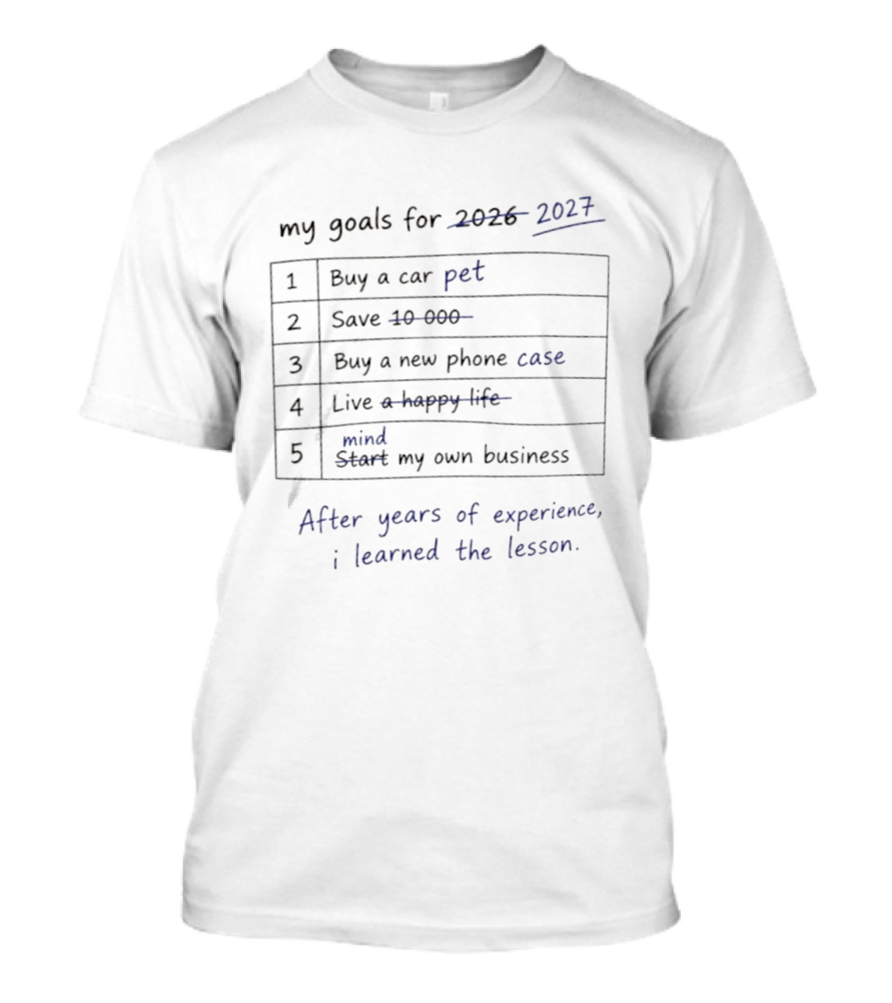 My Goals For 2027 Buy A Pet Save 10 000 Buy A New Live A Happy Life Mind My Own Business After Years Of Experience I Learned The Lesson T-Shirt