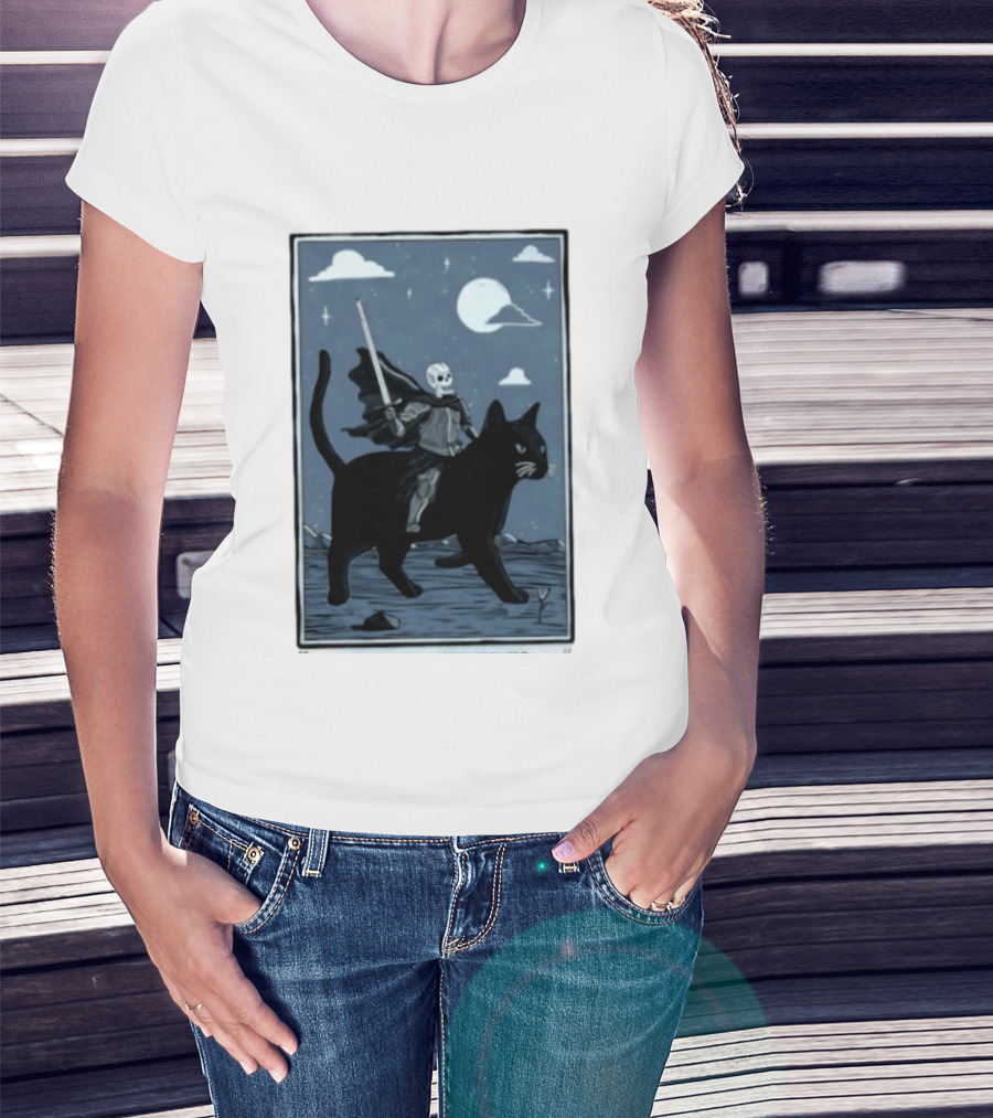 Skeleton Knight On Black Cat Under Moon And Stars Idle Hands Invite Mischief T-Shirt