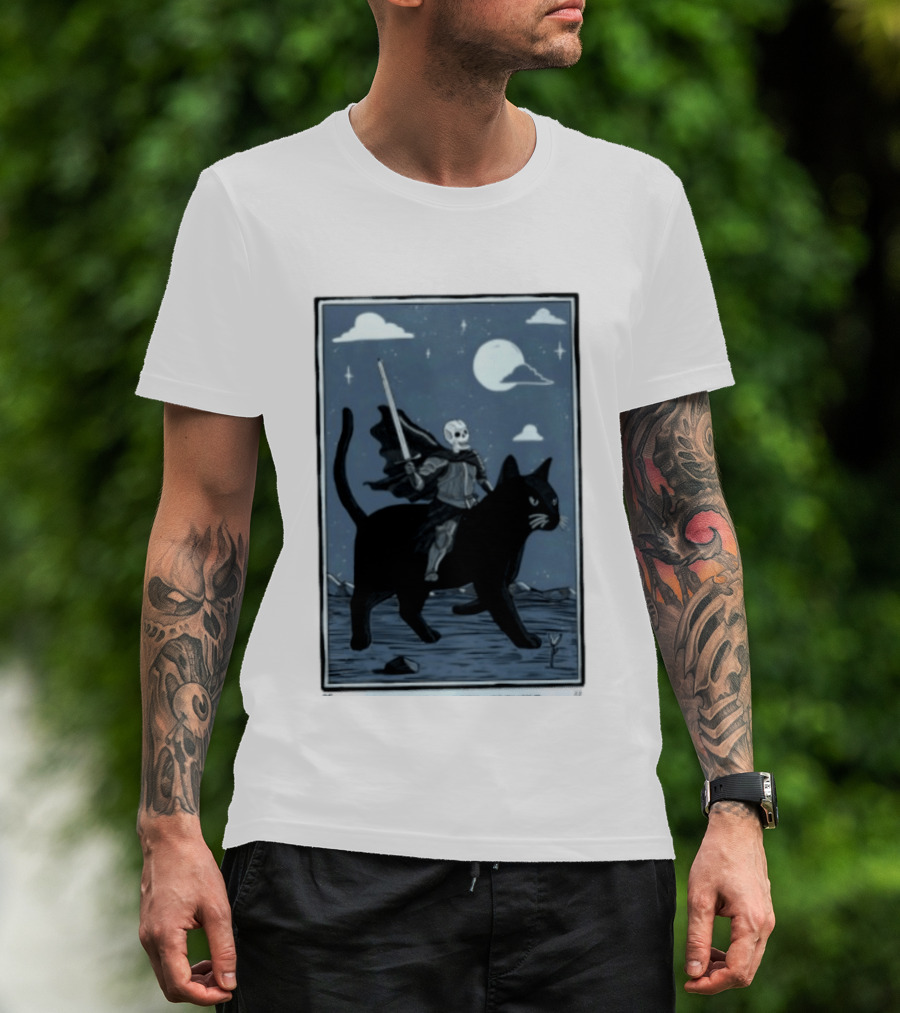 Skeleton Knight On Black Cat Under Moon And Stars Idle Hands Invite Mischief T-Shirt