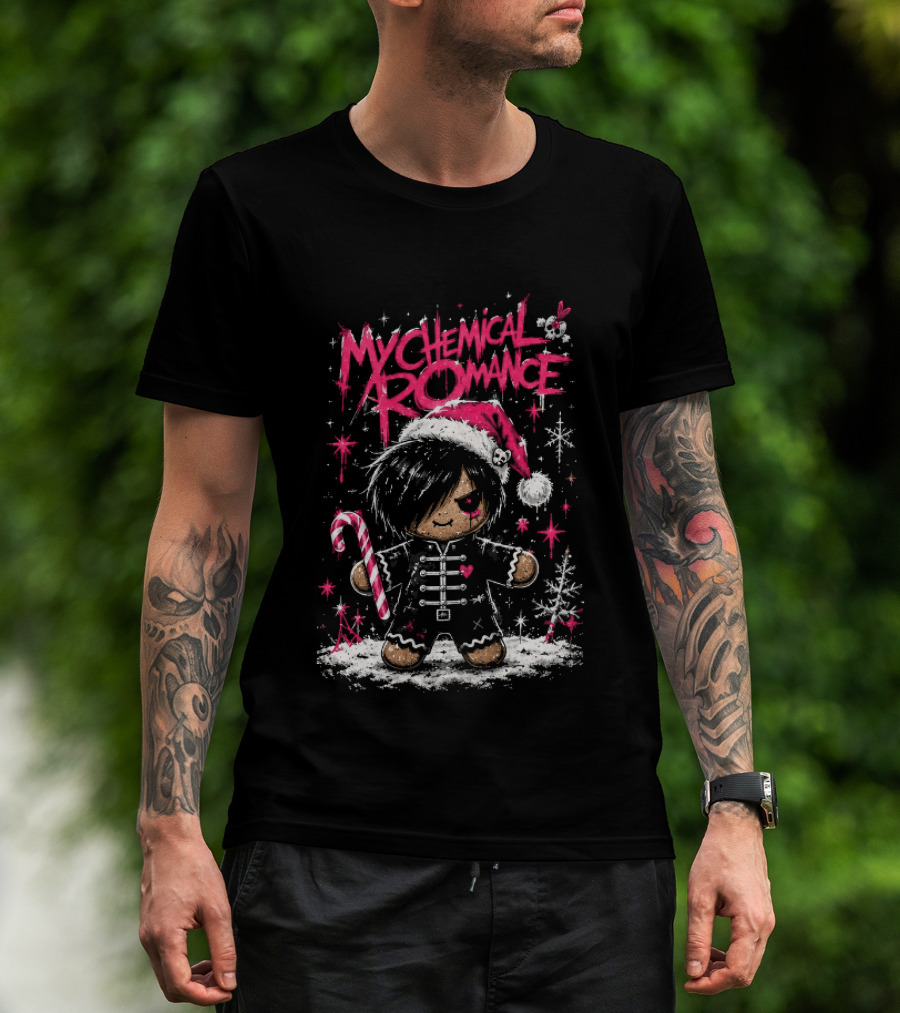 My Chemical Romance Emo Gingerbread Man Pink Christmas Parade With Candy Cane Santa Hat T-Shirt