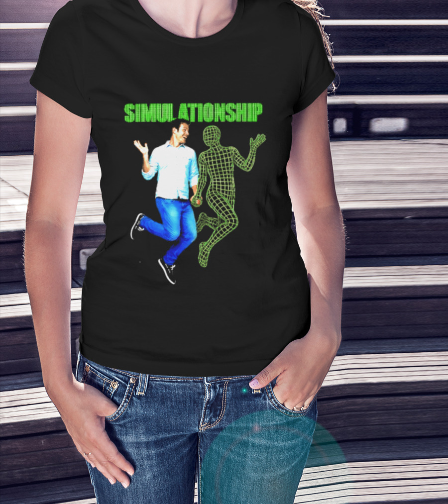 Simulationship Simulation Glitch Digital Jumping Man And Wireframe Figure T-Shirt