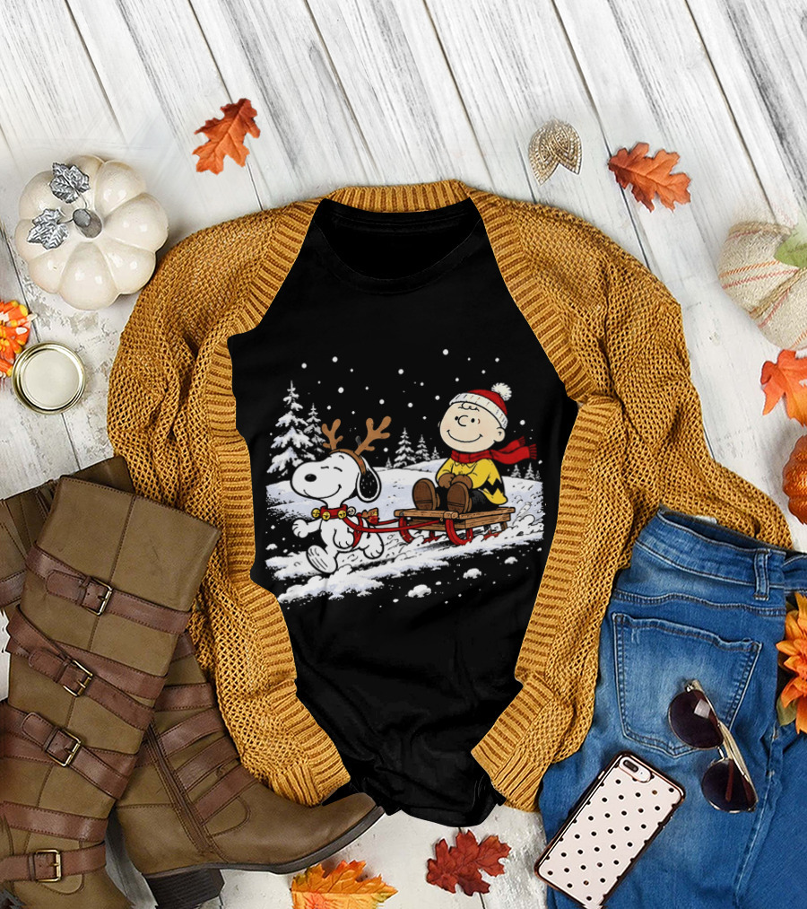 Snoopy Reindeer Christmas Sleigh Ride With Charlie Brown For Peanuts And Winter Lovers T-Shirt