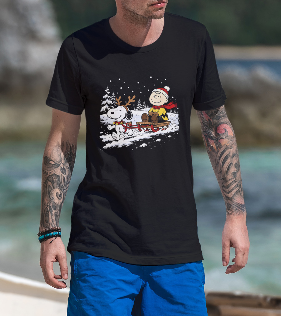 Snoopy Reindeer Christmas Sleigh Ride With Charlie Brown For Peanuts And Winter Lovers T-Shirt