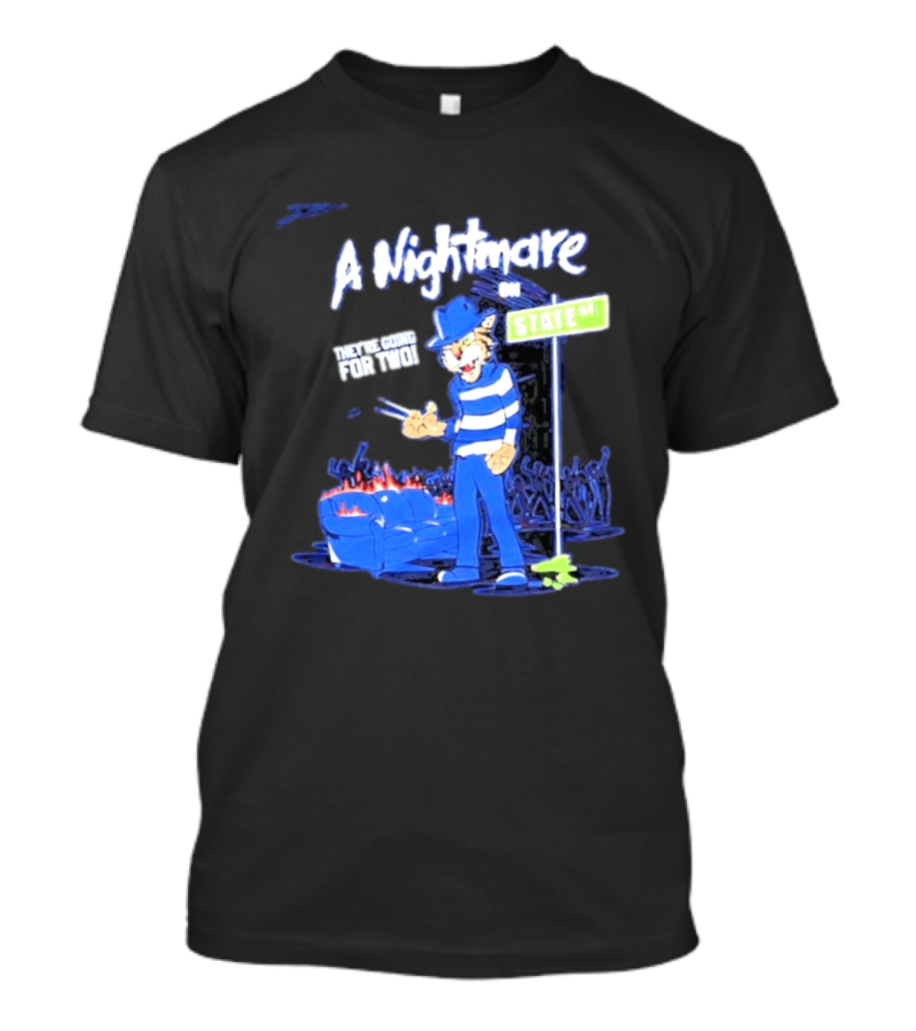 A Nightmare On State St They're Going For Two Cat Character In Blue And White Stripes T-Shirt