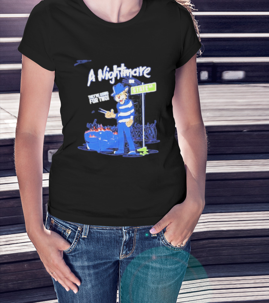 A Nightmare On State St They're Going For Two Cat Character In Blue And White Stripes T-Shirt