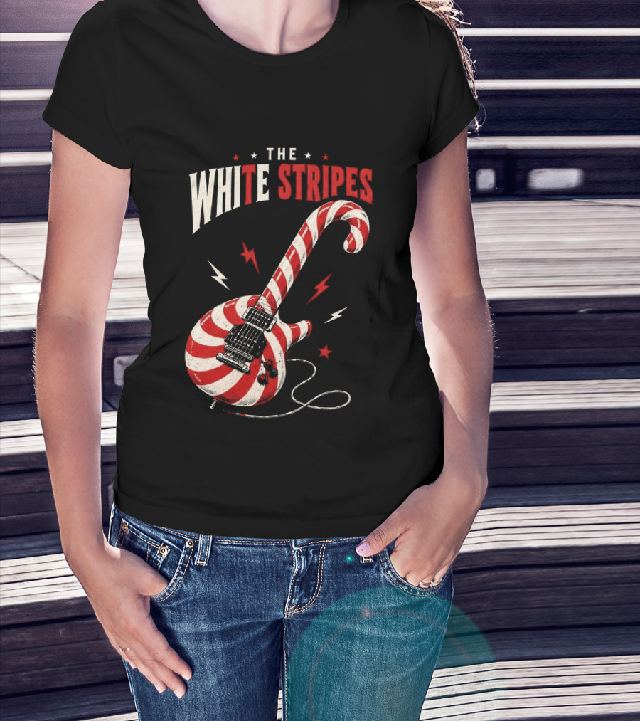 The White Stripes Candy Cane Christmas Guitar Rock Themes T-Shirt