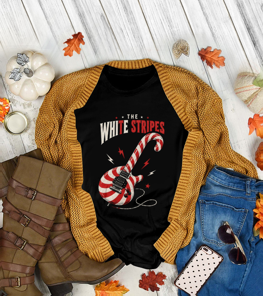 The White Stripes Candy Cane Christmas Guitar Rock Themes T-Shirt