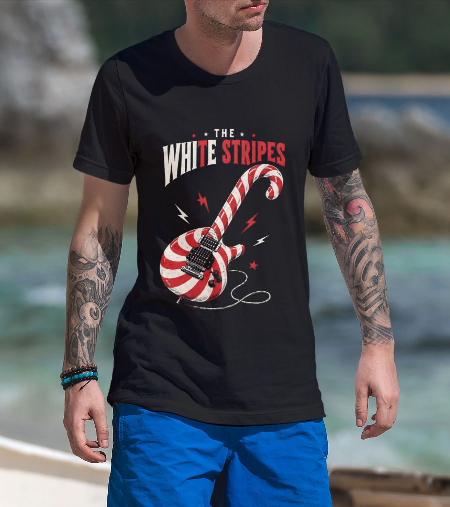 The White Stripes Candy Cane Christmas Guitar Rock Themes T-Shirt