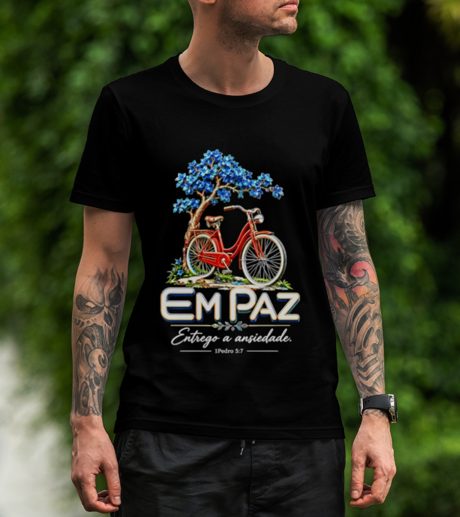 Em Paz Entrego A Ansiedade 1 Pedro 5 7 Bicicleta Árvore Flores Azuis T-Shirt