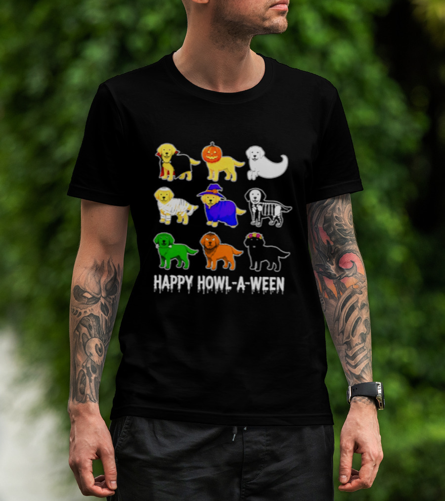 Happy Howl A Ween Dogs Halloween 2026 Pumpkin Witch Skeleton Costumes T-Shirt