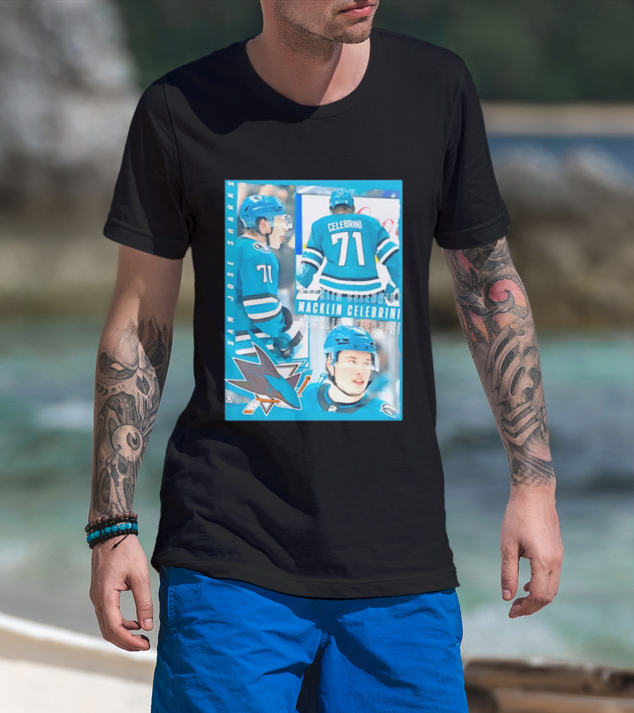 San Jose Sharks Macklin Celebrini 71 NHL 2026 All For One T-Shirt