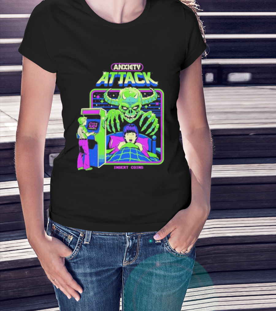 Retro Anxiety Attack Arcade Game Monster Steven Rhodes T-Shirt