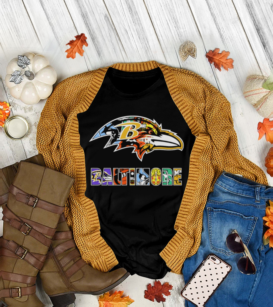 Baltimore Ravens Colorful Collage Art Ravens Head T-Shirt