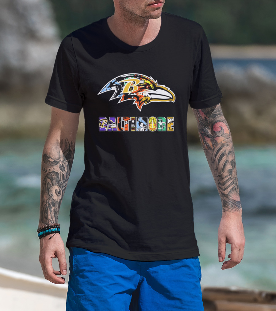 Baltimore Ravens Colorful Collage Art Ravens Head T-Shirt