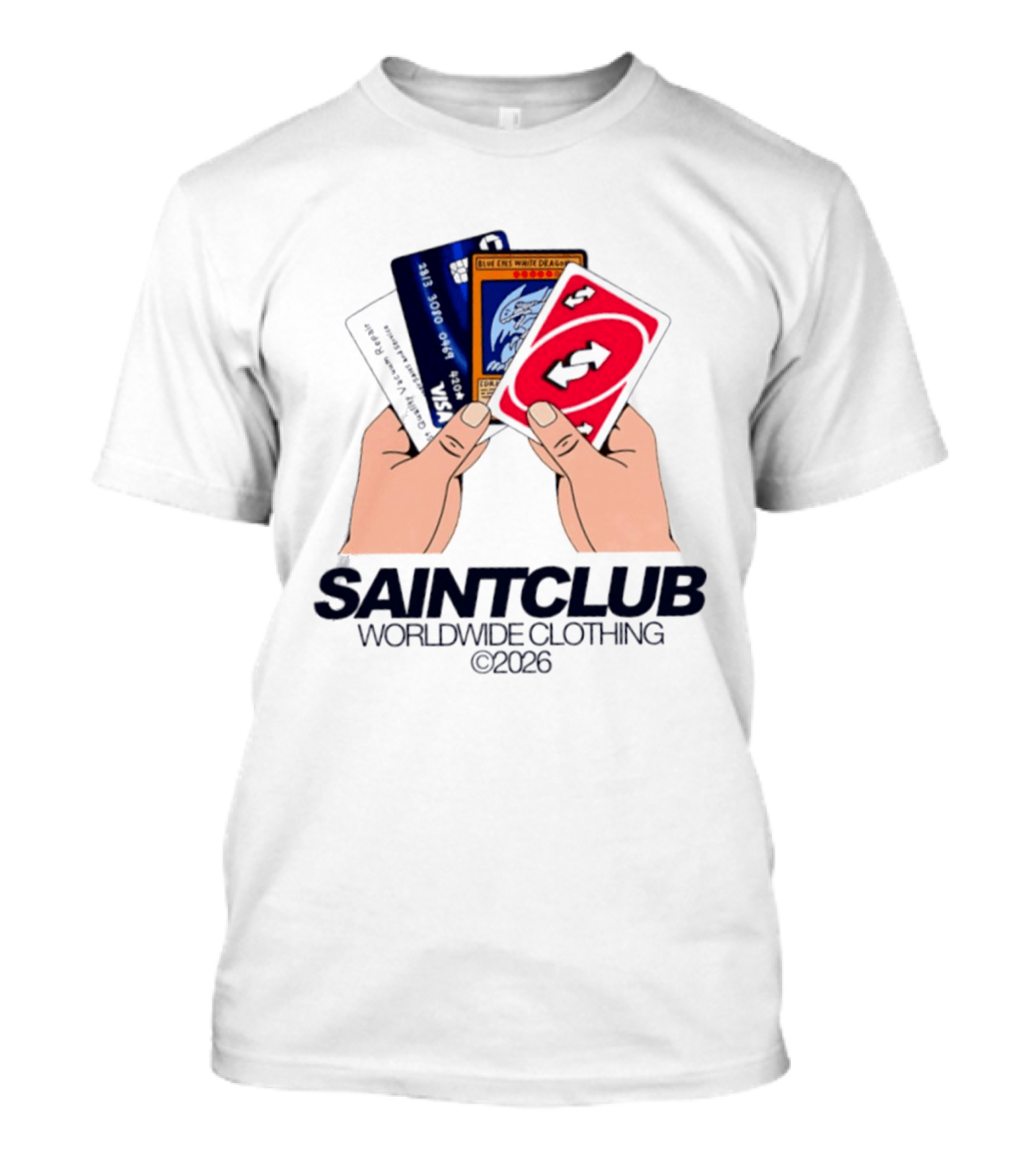 Blue Eyes White Dragon Uno Card Saintclub Worldwide Clothing 2026 T-Shirt