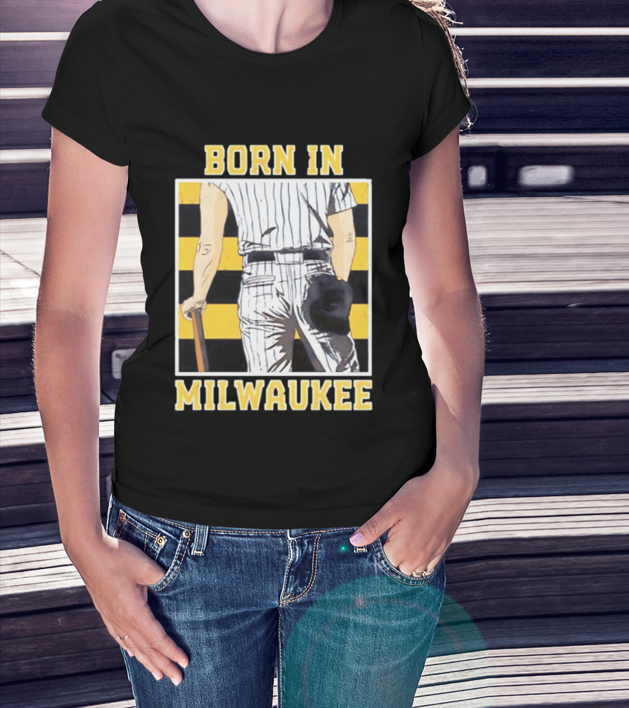 Born In Milwaukee Baseball Vintage Stripes Player Holding Cap T-Shirt