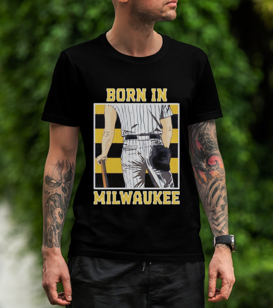 Born In Milwaukee Baseball Vintage Stripes Player Holding Cap T-Shirt