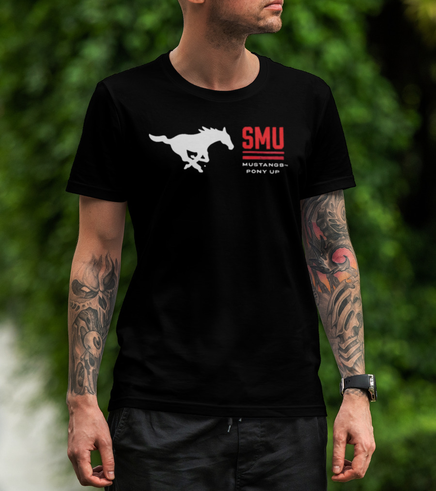 SMU Mustangs Pony Up Coach Rhett Lashlee Running Horse T-Shirt