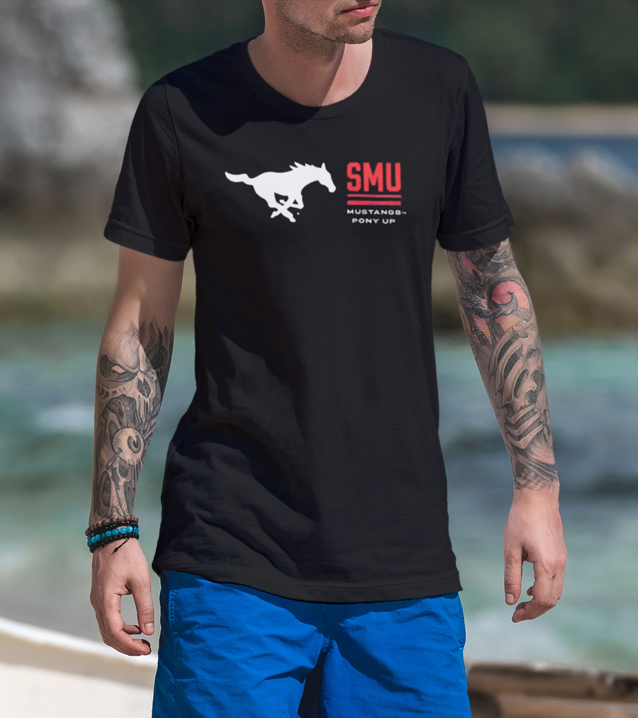 SMU Mustangs Pony Up Coach Rhett Lashlee Running Horse T-Shirt