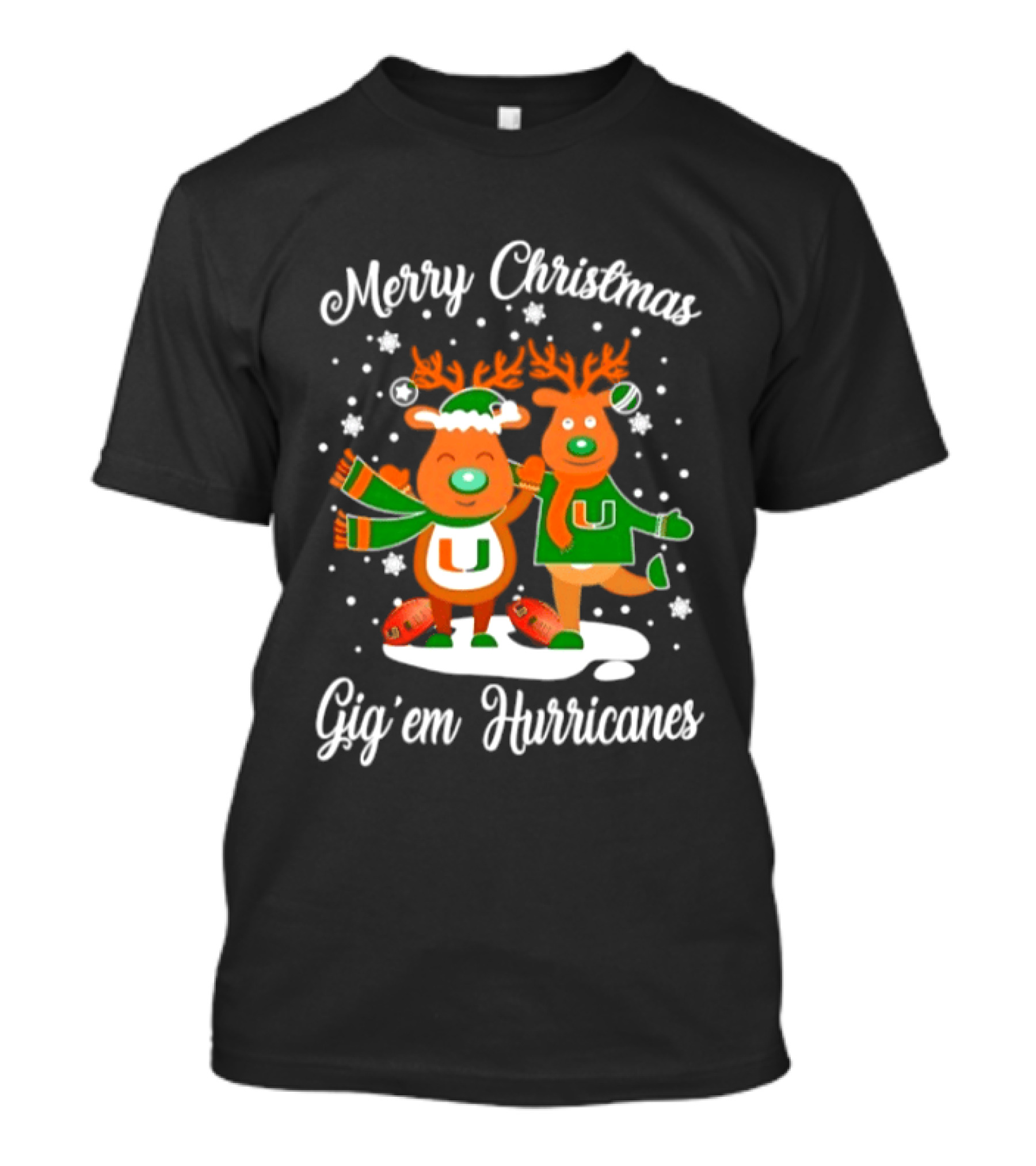 Merry Christmas Gig'em Hurricanes Miami NCAA Football 2026 Reindeer Sports Fan Holiday T-Shirt