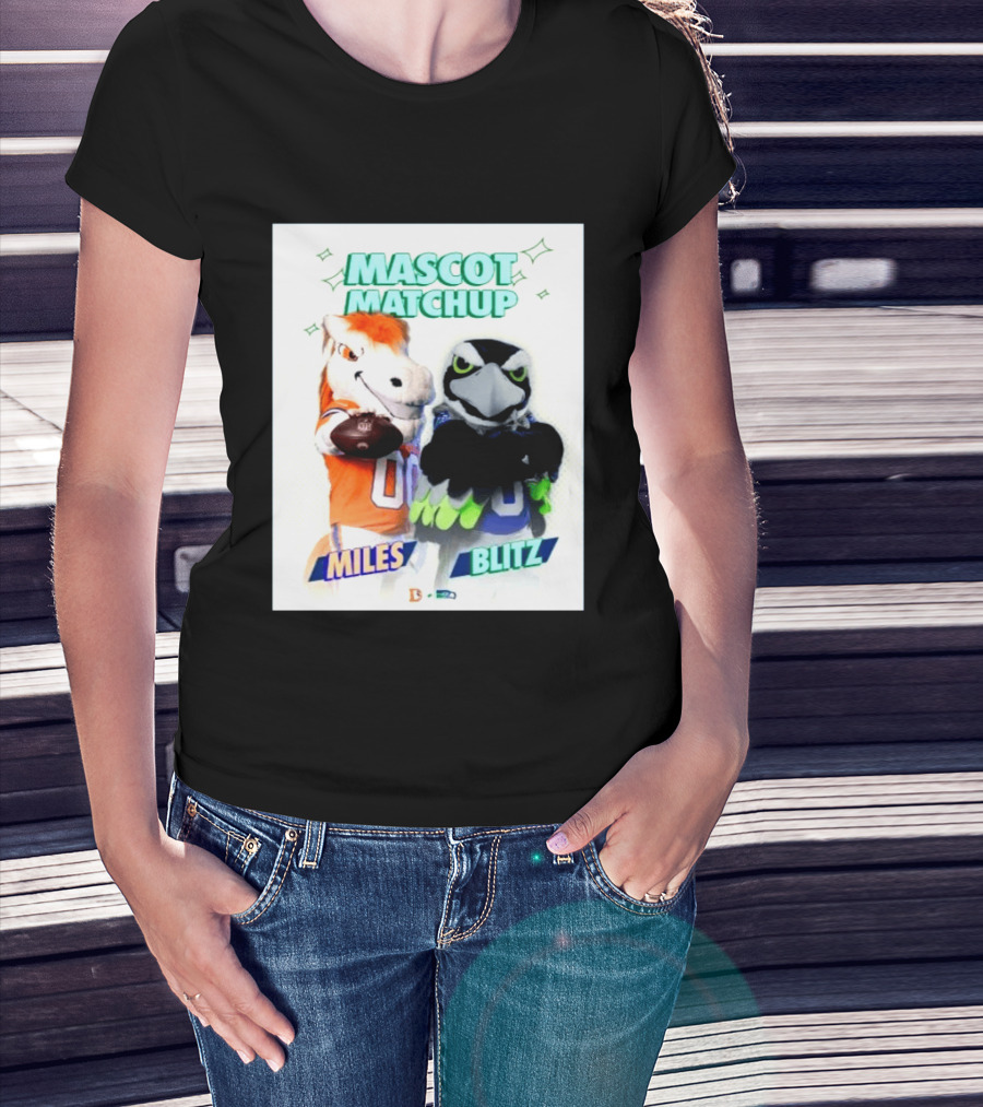 Mascot Matchup Miles Vs Blitz Denver Broncos Seattle Seahawks 2026 T-Shirt