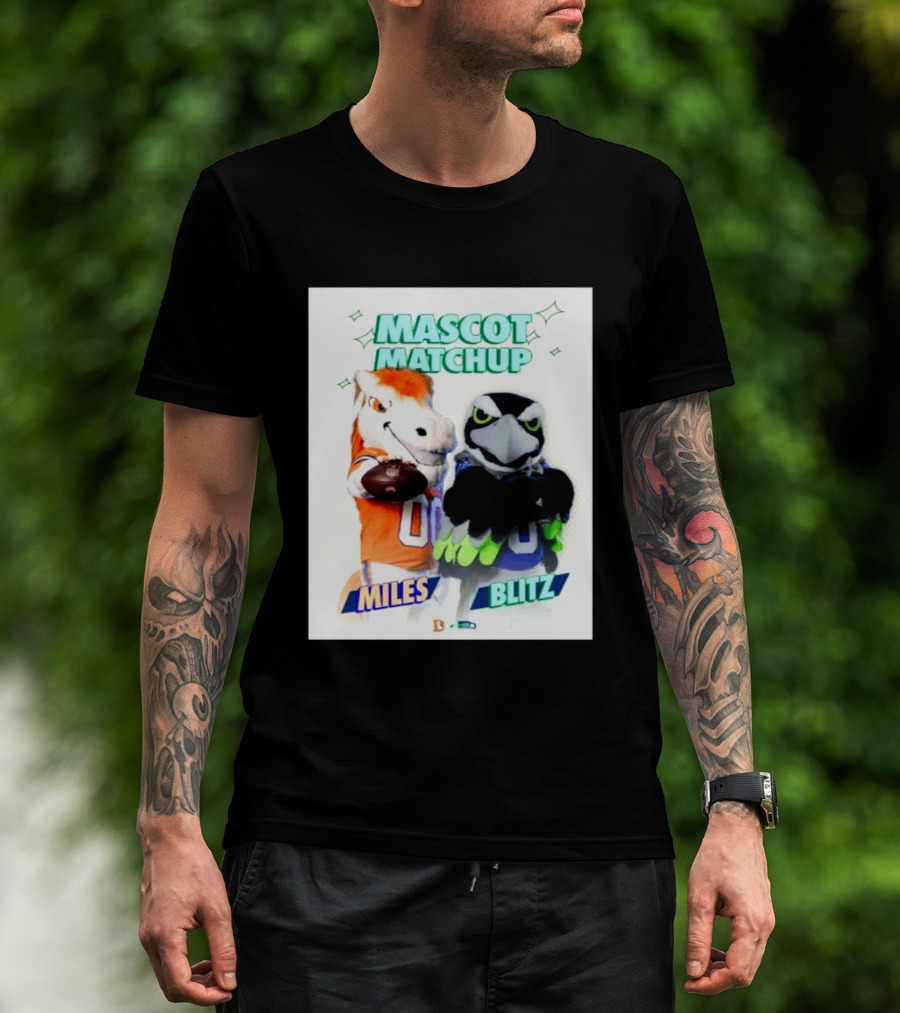 Mascot Matchup Miles Vs Blitz Denver Broncos Seattle Seahawks 2026 T-Shirt