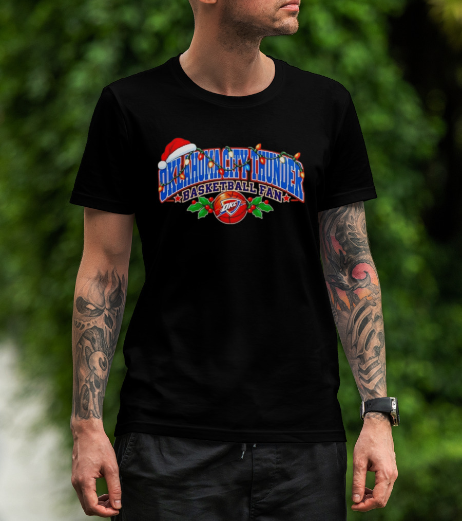Oklahoma City Thunder Basketball Fan Santa Hat Christmas Lights T-Shirt