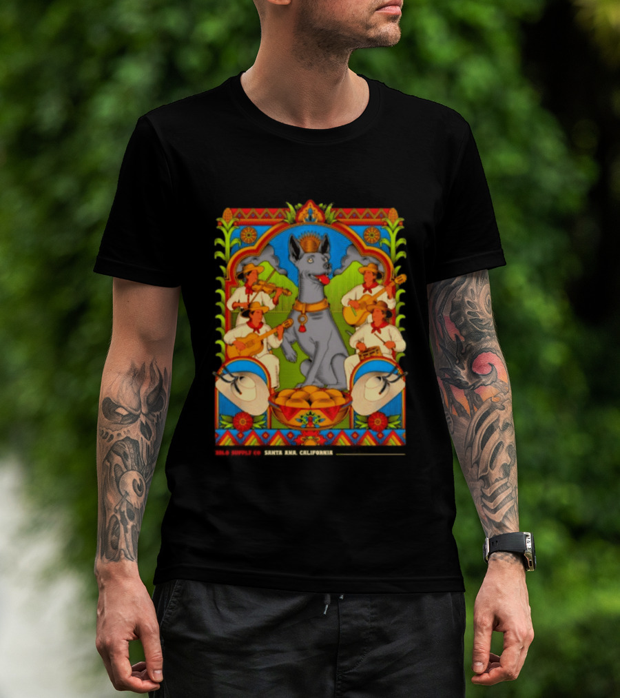 Xolo Supply Co Santa Ana California Xoloitzcuintli Vintage Mexican Art With Musicians And Dog T-Shirt