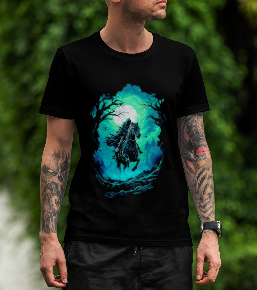 Shadow Rider Dark Fantasy Horse Moon Gothic Scene With Rider And Trees T-Shirt