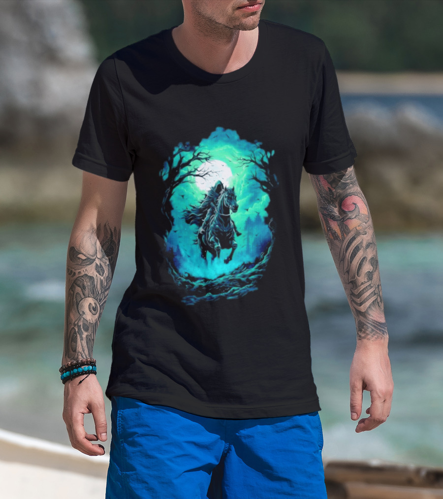 Shadow Rider Dark Fantasy Horse Moon Gothic Scene With Rider And Trees T-Shirt