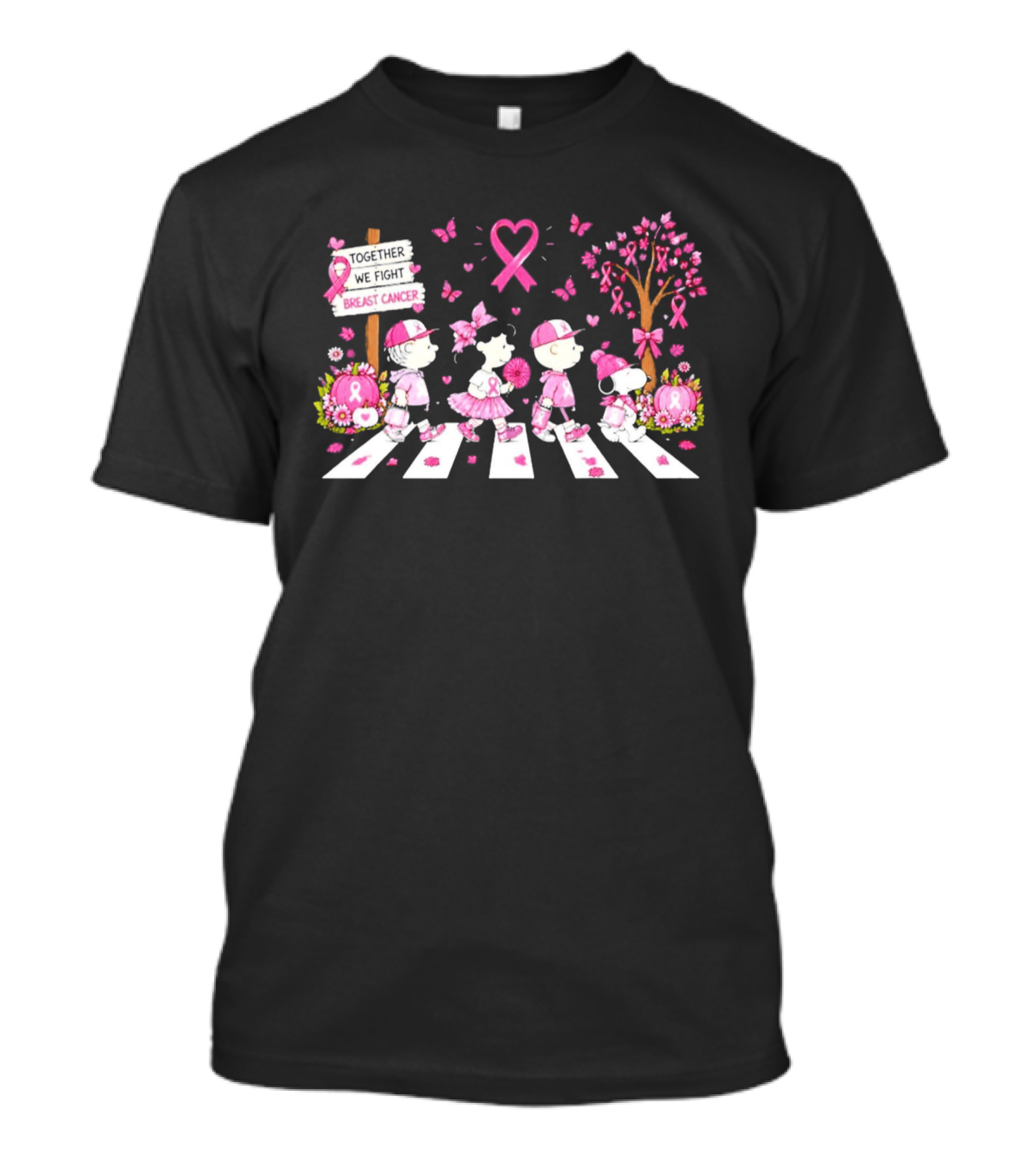 Together We Fight Breast Cancer Peanuts Characters Abbey Road Pink Ribbon Butterflies T-Shirt