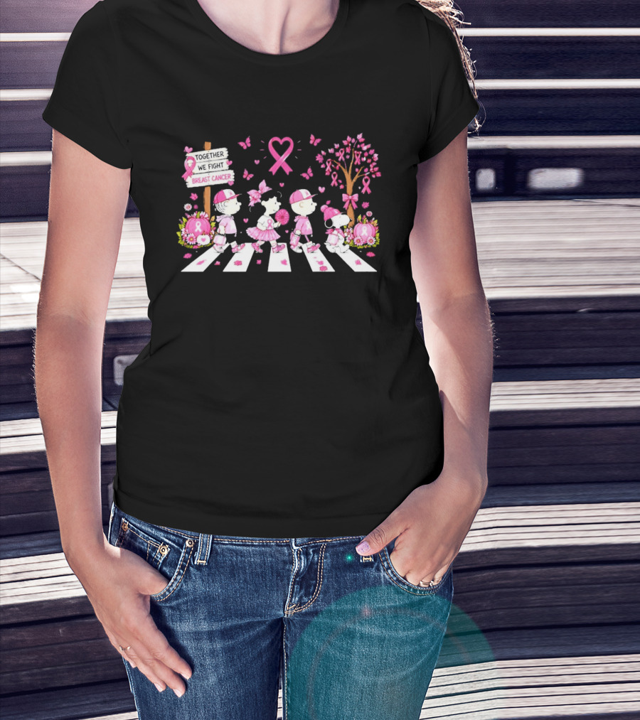 Together We Fight Breast Cancer Peanuts Characters Abbey Road Pink Ribbon Butterflies T-Shirt