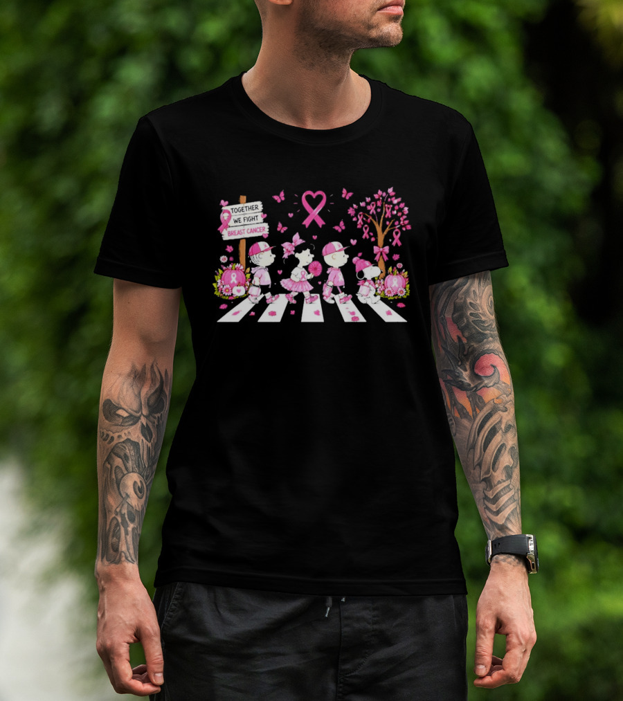Together We Fight Breast Cancer Peanuts Characters Abbey Road Pink Ribbon Butterflies T-Shirt