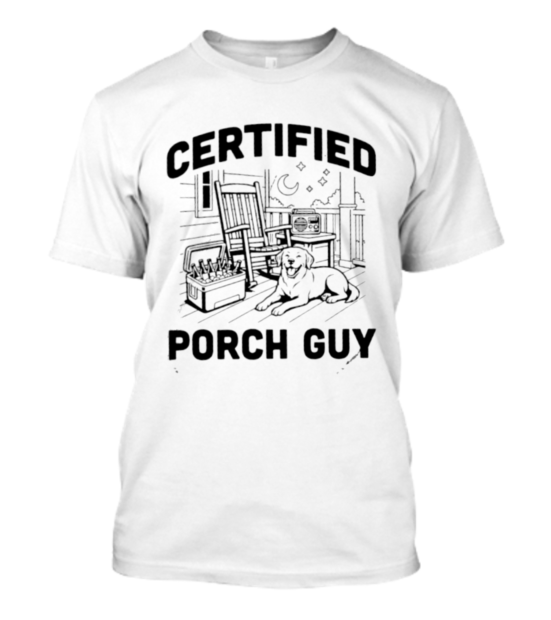 Certified Porch Guy Rocking Chair Dog Lover Night Scene T-Shirt