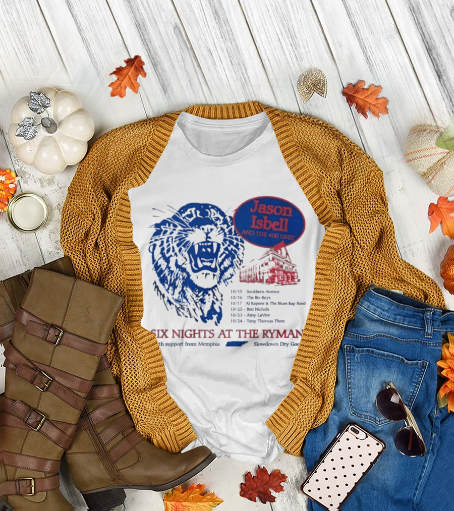 Jason Isbell And The 400 Unit Six Nights At The Ryman 2026 Tour Dates Lion And Ryman Auditorium Artwork Memphis Shakedown City Goods T-Shirt