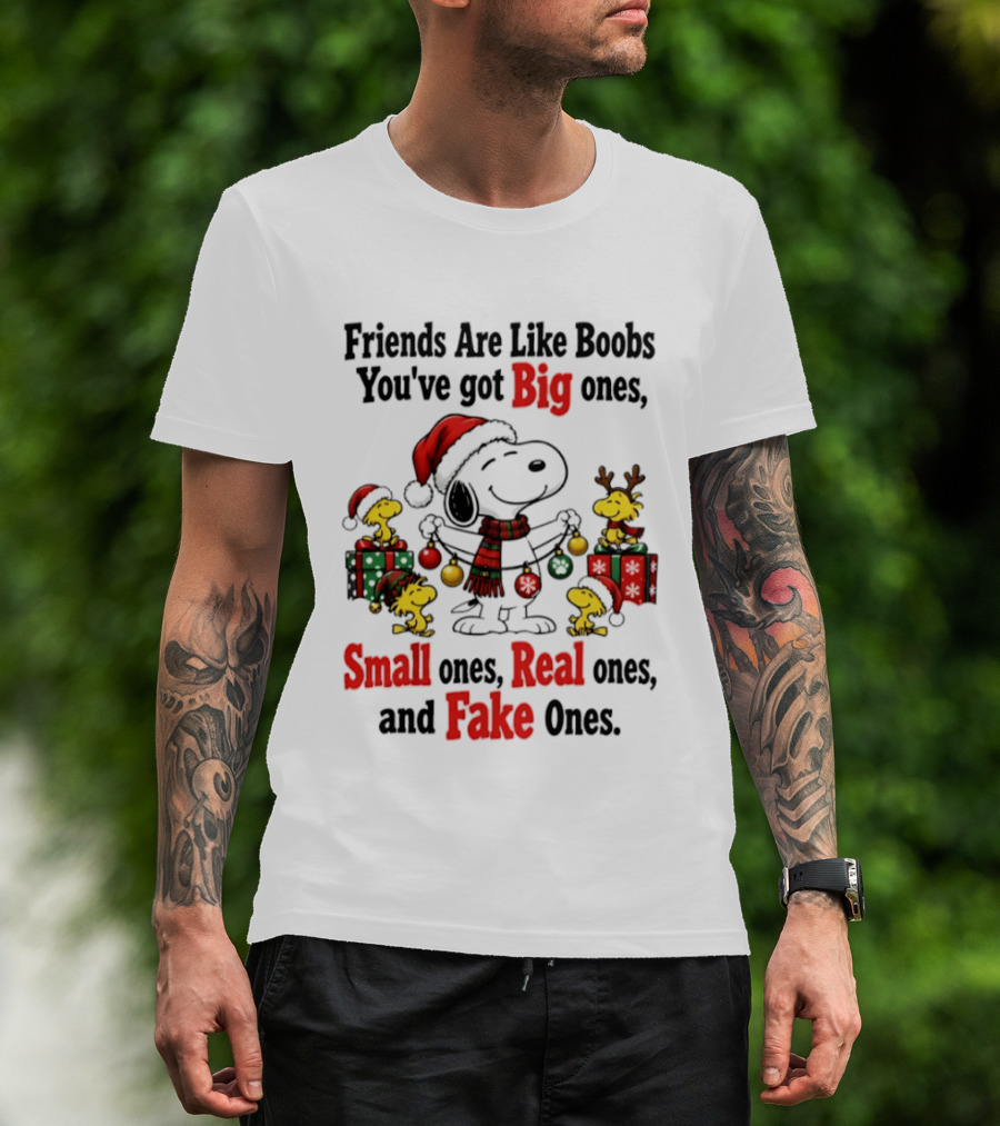 Friends Are Like Boobs You've Got Big Ones Small Ones Real Ones Fake Ones Snoopy Woodstock Christmas T-Shirt