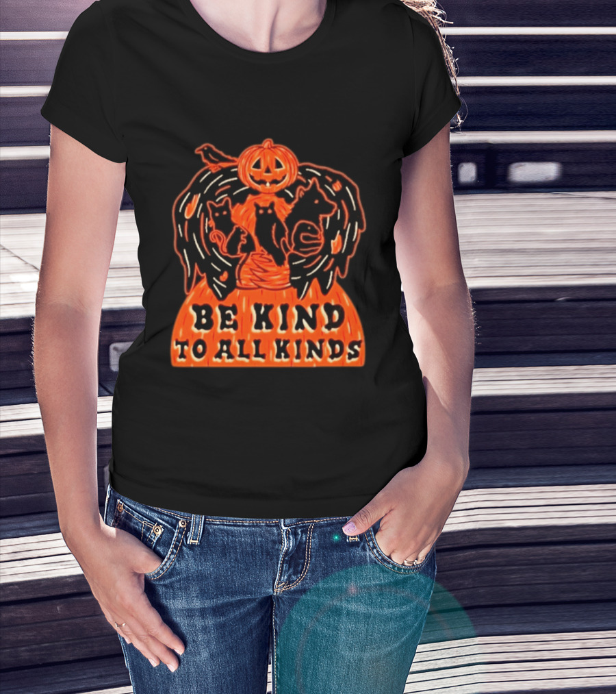 Be Kind To All Kinds Halloween 2026 Pumpkin Animals With Cats And Crow T-Shirt