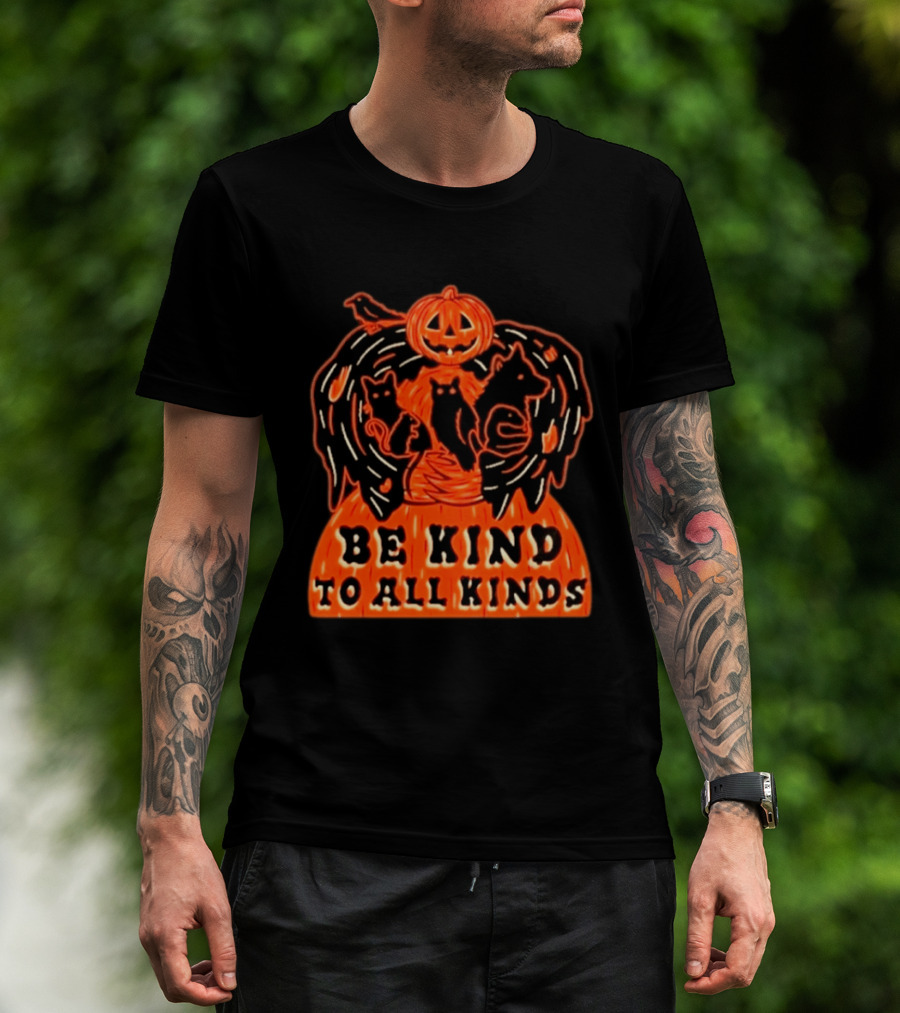 Be Kind To All Kinds Halloween 2026 Pumpkin Animals With Cats And Crow T-Shirt