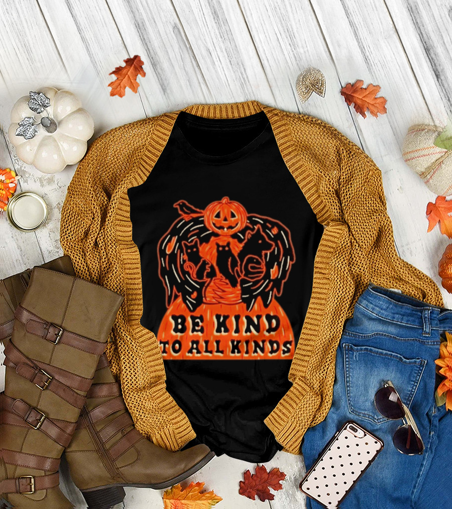 Be Kind To All Kinds Halloween 2026 Pumpkin Animals With Cats And Crow T-Shirt