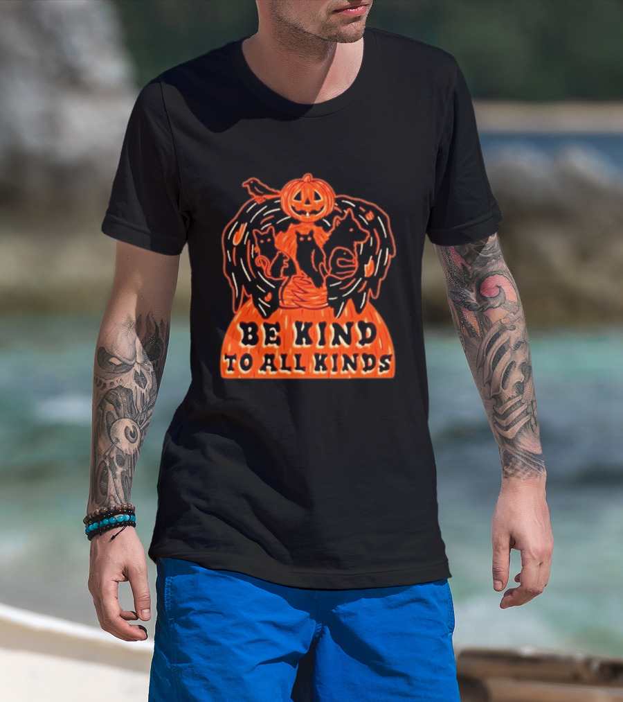Be Kind To All Kinds Halloween 2026 Pumpkin Animals With Cats And Crow T-Shirt