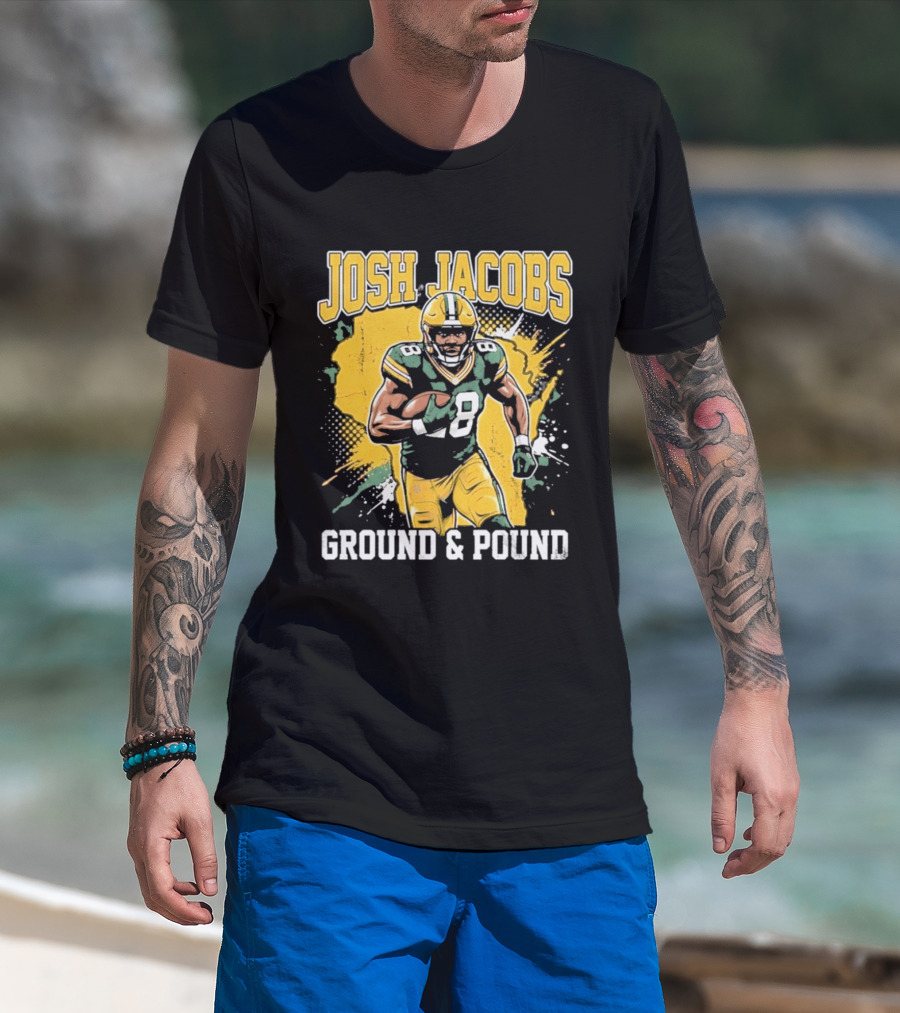 Josh Jacobs Ground & Pound Running Back Art Green And Gold Player T-Shirt