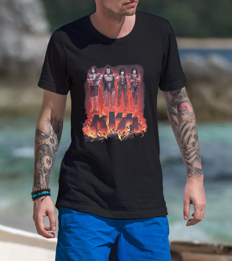 Kiss Halloween 2026 Conjuring Flames Band Members Standing Above Fire T-Shirt