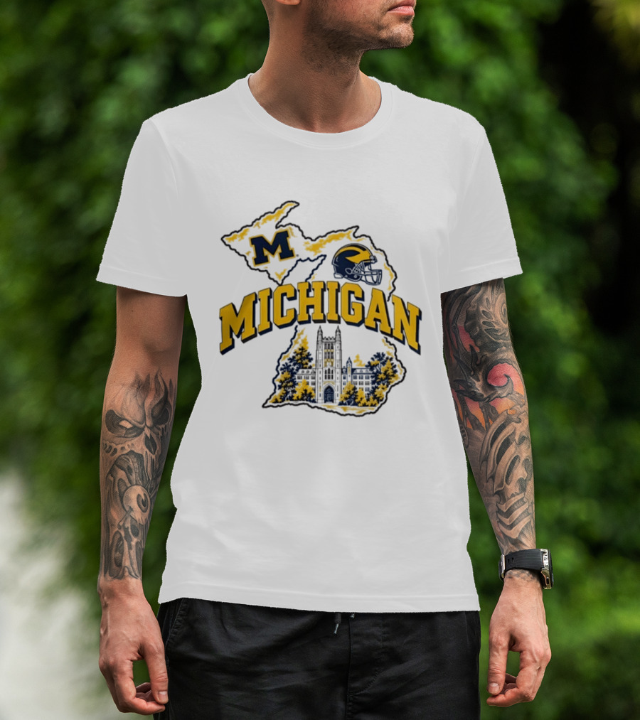 Michigan Wolverines NCAA Football Helmet Map And Building T-Shirt