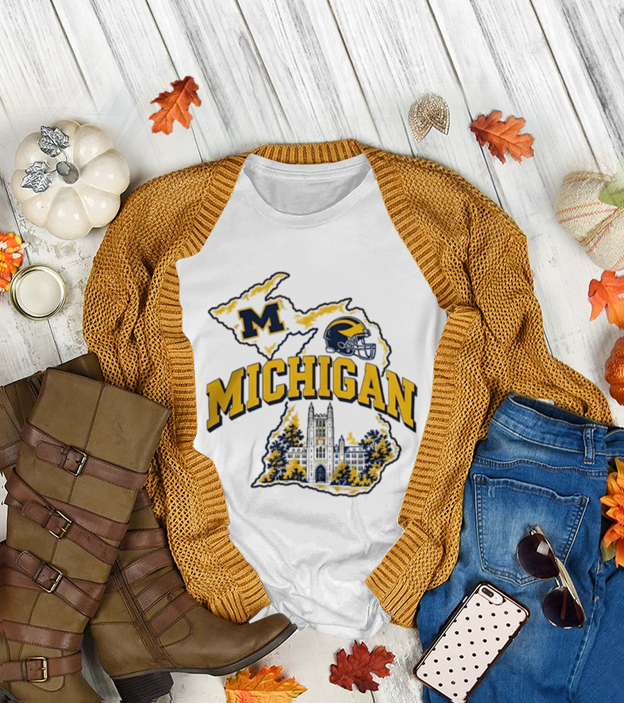 Michigan Wolverines NCAA Football Helmet Map And Building T-Shirt