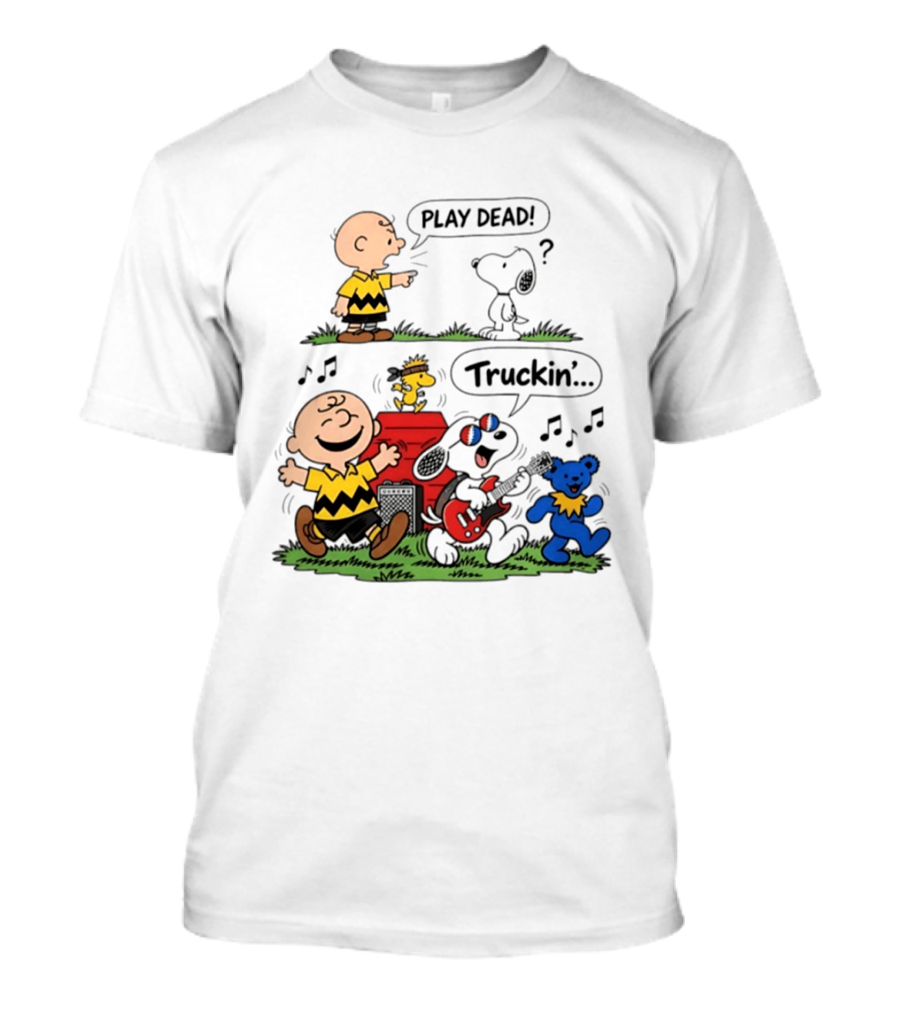 Peanuts Characters Play Dead And Truckin' With Grateful Dead Dancing Bear T-Shirt