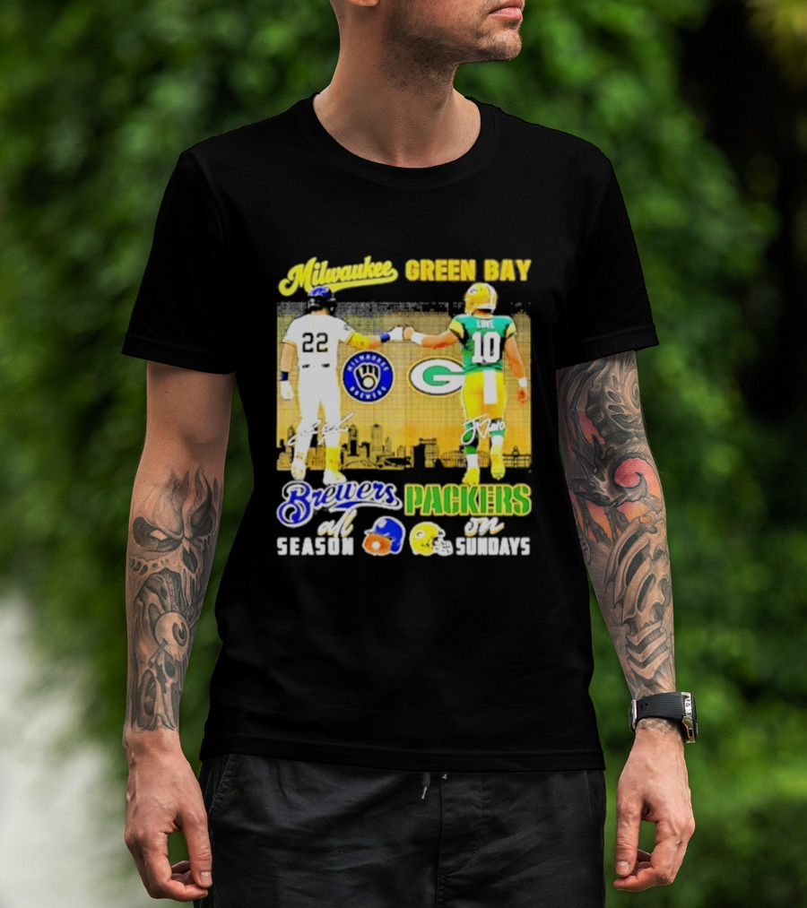 Milwaukee Brewers Green Bay Packers All Season Sundays Players Signatures T-Shirt