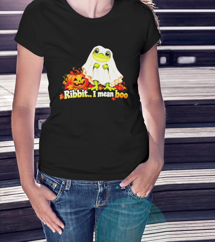 Ribbit I Mean Boo Halloween Frog In Ghost Costume With Pumpkin T-Shirt