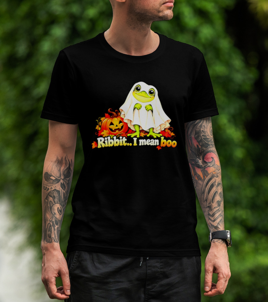 Ribbit I Mean Boo Halloween Frog In Ghost Costume With Pumpkin T-Shirt
