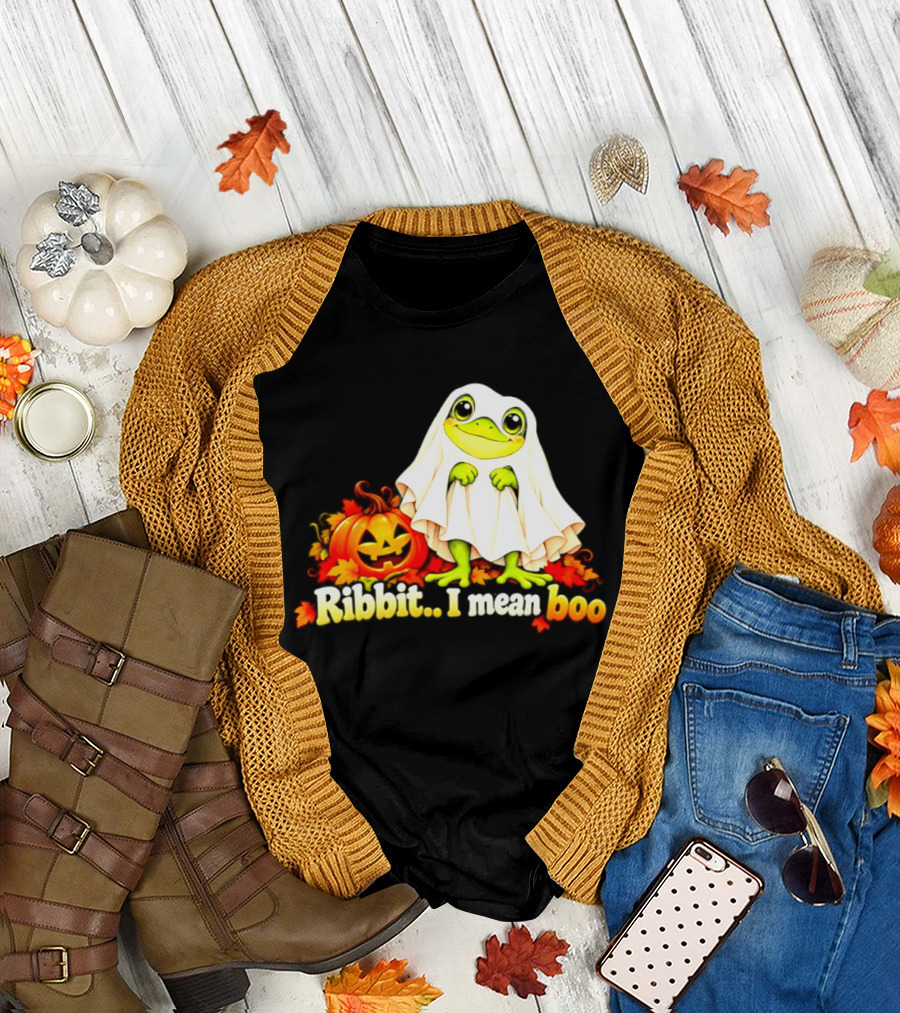 Ribbit I Mean Boo Halloween Frog In Ghost Costume With Pumpkin T-Shirt