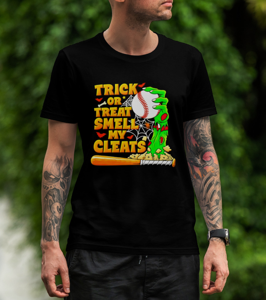 Trick Or Treat Smell My Cleats Zombie Hand Baseball Bat Halloween T-Shirt